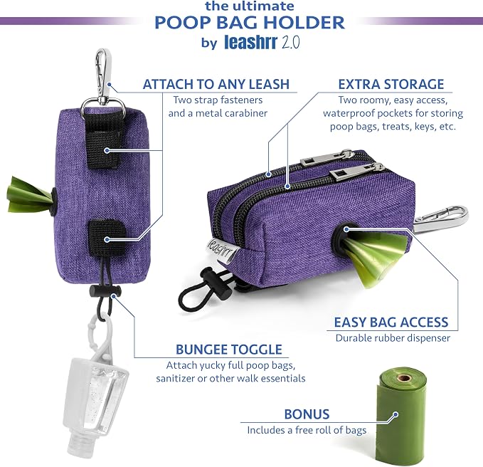 Dog Poop Bag Holder for Leashes and Treat Holder with 2 Waterproof Pouches | Poop Bag Dispenser for Pet Waste Bags and Walking Accessories + 1 Free Roll