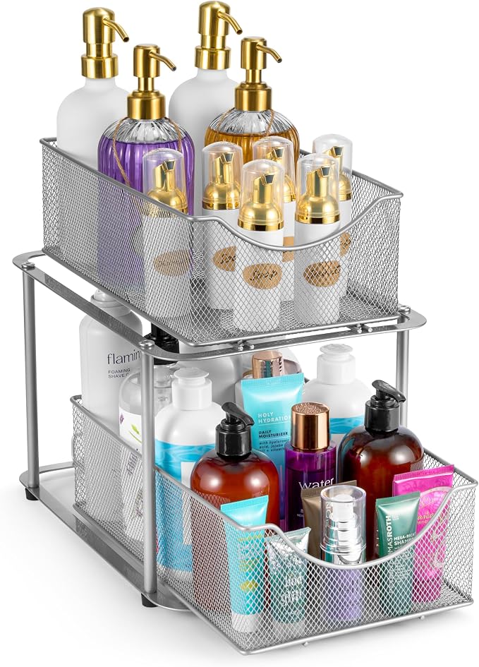 Sorbus Pull-Out Under Sink Organizer, Mesh Construction (Silver, 1 Pack) | Two-tier metal organization with strong steel and sliding drawers for bathrooms, kitchens, cabinets, closets and pantries.