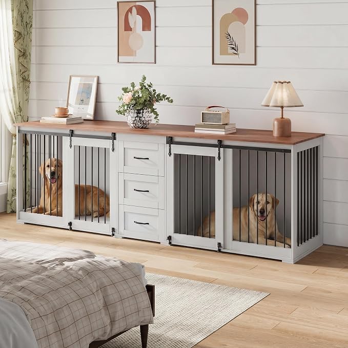 95" Large Dog Crate Furniture for 2 Dogs, Farmhouse Wooden Dog Kennel with 3 Storage Drawers, Heavy Duty Furniture Style TV Stand with Sliding Barn Doors