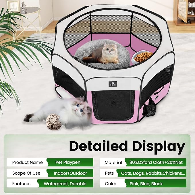 X-ZONE PET Foldable Dog Playpen, Portable Pet Play Pen for Puppy Cat, Pink | Pop‑Up Dog Playpens Indoor & Outdoor, Waterproof Dog Kennel Cage, Removable Top, Travel Camping Playpen, Large Size