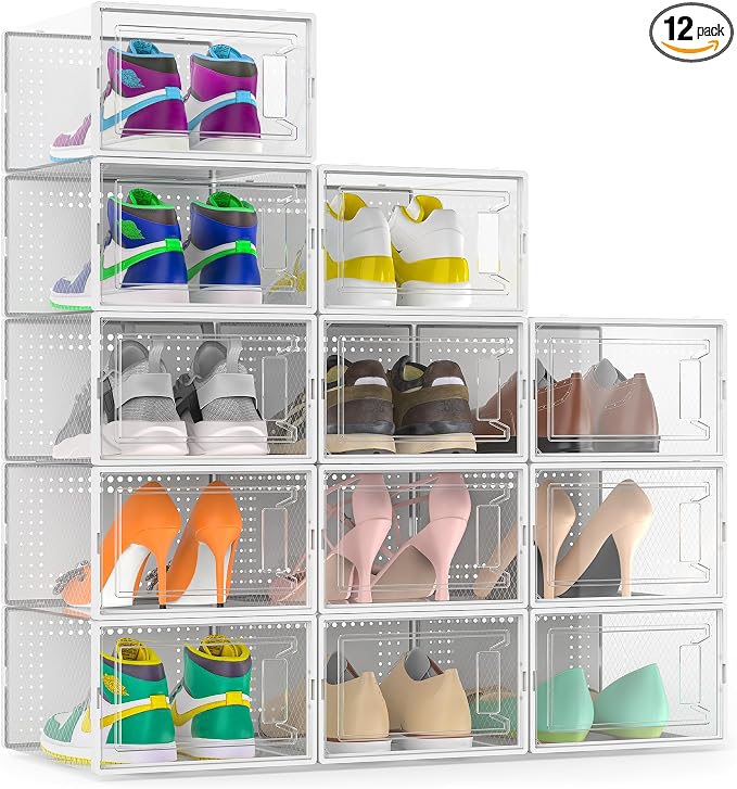 12 Pack Large Stackable Clear Plastic Shoe Storage Boxes Organizer, White | Easy to Assemble and Stack, Fit Size 9, Ventilated Dust-Proof, For Sneaker, Closet, Entryway, Under Bed, Replace Shoe Rack