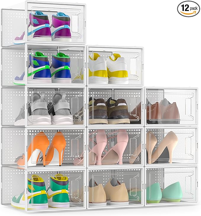 12 Pack XX-Large Stackable Clear Plastic Shoe Storage Box Organizer, White | Easy to Assemble and Stack, Fit Size 11, Ventilated Dust-Proof, For Sneaker, Closet, Entryway, Under Bed, Replace Shoe Rack