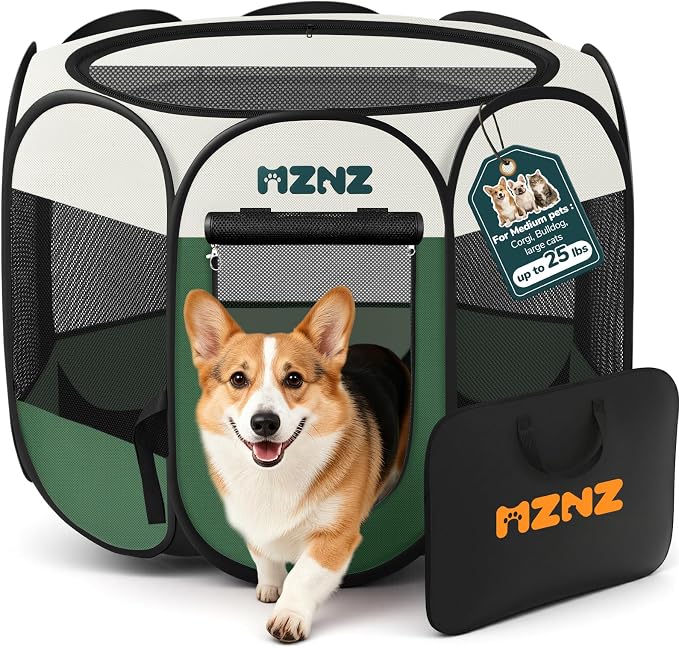 Dog Cat Small Animal Puppy Playpen Crate, Medium, Dark Green | Portable Pop Up Pet Cage Enclosure Tent Kennel Indoor Outdoor with Carrying Case, No Assembly, Camping Use
