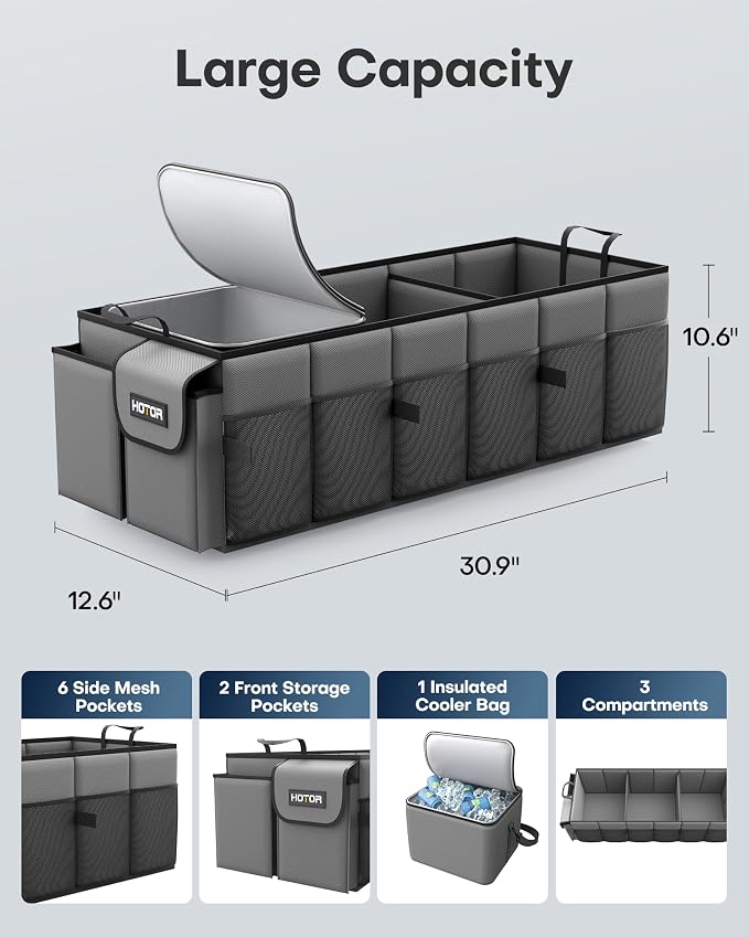 HOTOR Trunk Organizer, Sturdy Foldable with Cooler for Car, Sudan & SUV | Car Organizers and Storage, Detachable Cooler Bag, for Tools, Camping, 3 Compartments, Grey, 31.5” x 12.6” x 10.6”