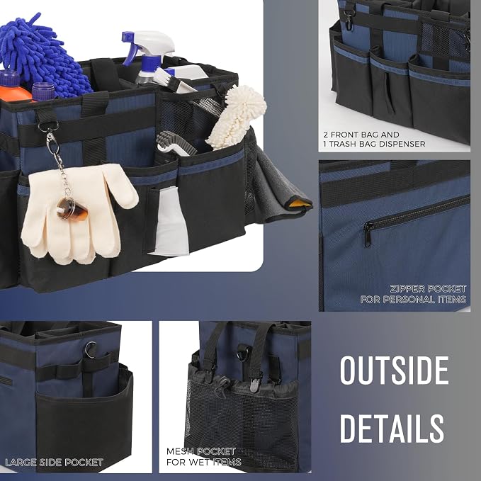 SCAVATA Wearable Cleaning Caddy, Cleaning Caddy Supplies Organizer with Handle & Shoulder Straps for Housekeepers, Under Sink & Car Cleaning Tool Organizers Bag with 4 Foldable Divider (NavyBlue)