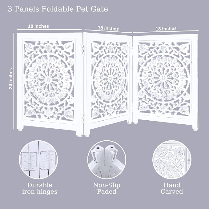 Lightnpro 3-Panel Wooden Dog Gate – Adjustable Freestanding Foldable Pet Safety Barrier, Extra-Wide Indoor Fence for Small Dogs & Pets – 24x54 Inch Antique White