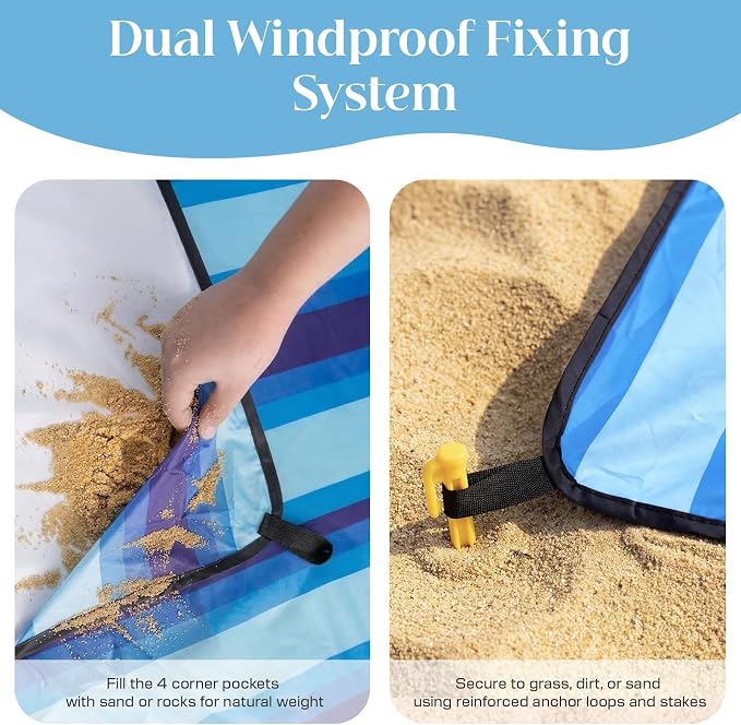 OIGAE Beach Blanket Waterproof Sandproof Oversized Beach Mat | Picnic Mat with Stakes, Storage Bag - Essentials for Outdoor Beach, Picnic,Quick-Dry Lightweight,Windproof Pockets
