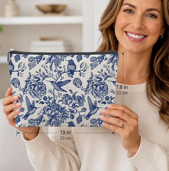Blue and White Chinoiserie Empty Mahjong Tile Bag 13x7.8 Inch | Floral Bird Printed Portable Travel Case Organizer Zipper Pouch for American Mahjong Tiles Game Night Accessories and Gifts