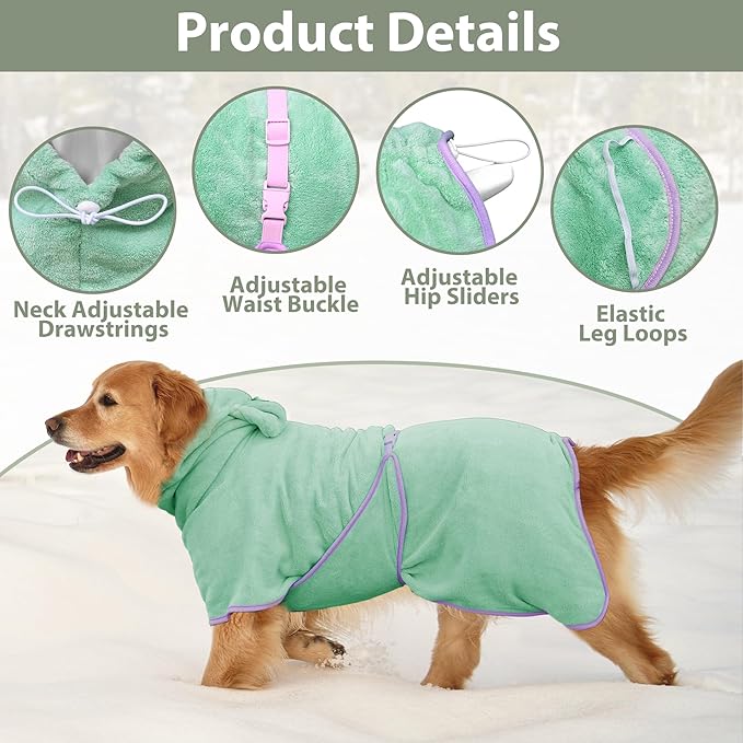 Dog Bathrobe Super Absorbent Towel Robe - Microfiber Bath Towels Fast Drying Coat for Dogs, Cute Dogs Clothes Adjustable Collar & Belly Strap Warm Keeping Hooded Dog Towel (Light Green, X-Large)