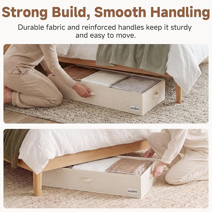 StorageWorks 6 Inch Low Profile Under Bed Storage Containers with Clear Lid | Reinforced Structure, Resists Sagging, Handles & Label Holder, Foldable Stackable Closet Storage for Clothes, Blankets, Toys