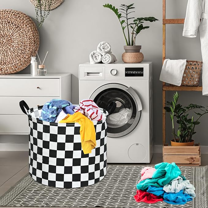 3 Pack Checkered Storage Baskets with Leather Handles, Foldable Fabric Toy Storage Bins with Waterproof Lining, Large Round Laundry Hamper for Kids Room, Nursery, Bedroom, Playroom Organization