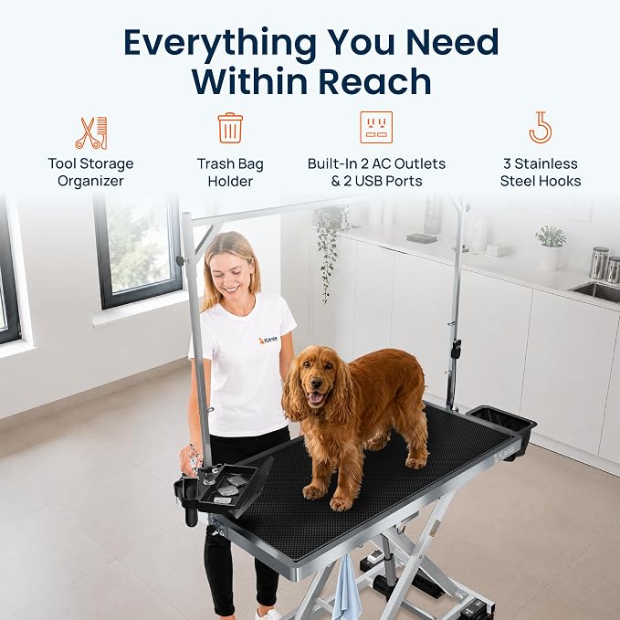 49" Professional Electric Dog Grooming Table, 304 Steel, Heavy Duty | Adjustable Table for Pet Grooming, 10-40in Quiet Lift, Grooming Arm, AC/USB Power Hub, Anti-Slip Surface, Leveling Wheels