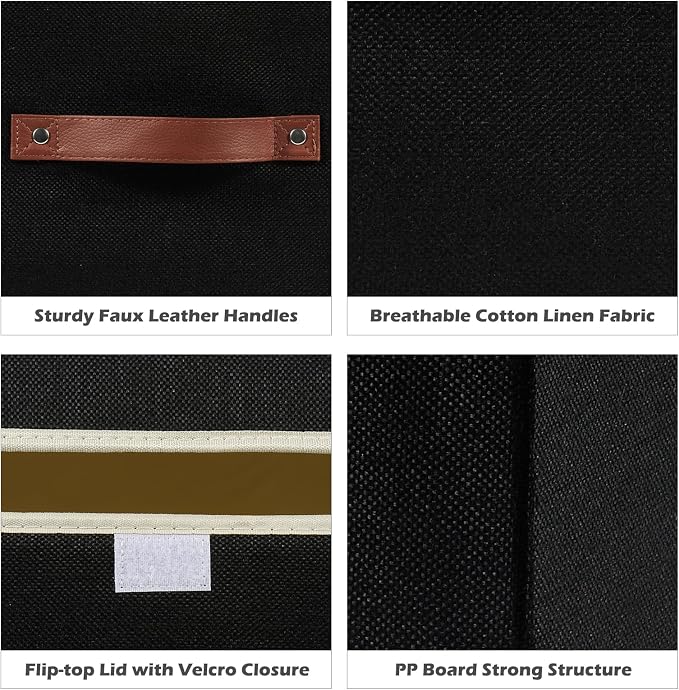 Storage Boxes with Lids Cotton Linen Fabric Bins Baskets | Decorative Collapsible Washable, Clothes Container Organizer for Closet Shelf, w/ Faux Leather Handles, Black, Small
