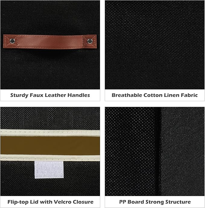 Storage Boxes with Lids Cotton Linen Fabric Bins Baskets | Decorative Collapsible Washable, Clothes Container Organizer for Closet Shelf, w/ Faux Leather Handles, Black, Large