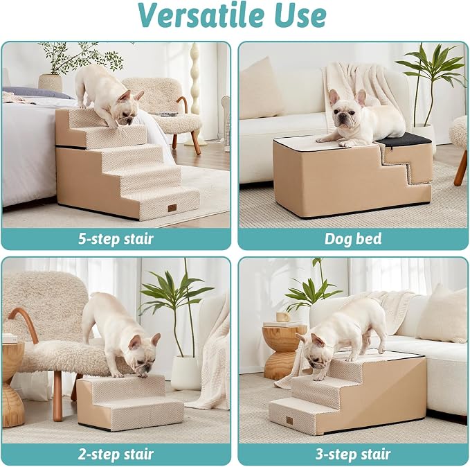COZY KISS Dog Stairs for Small Dogs, 5 Step Pet Stairs for Beds & Couches | 23.6" Extra Wide Non-Slip Dog Steps with Removable Tiers & Support Board for Puppies, Older Cats & Dogs, Beige