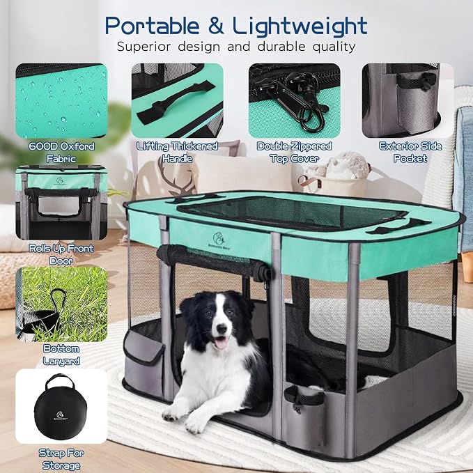 ROMANTIC BEAR Dog Playpen,Foldable Pet Puppy Cat Playpen,L(40"x32"x24") | Dog Crate with Upgrade Breathable Mesh and Durable 600D Oxford Cloth,Sturdy Dog Cage Indoor & Outdoor for Small Animals,Green