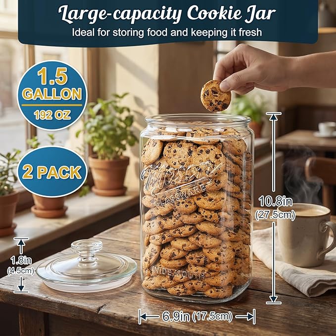 Glass Cookie Jars with Lids Airtight, 1.5 Gallon Glass Jar, 2 Pack | 5.7''Wide Mouth, Glass Lid, Scale Mark, Heavy Duty Glass Canisters for Kitchen Counter, Pantry, Sugar, Dog Treat