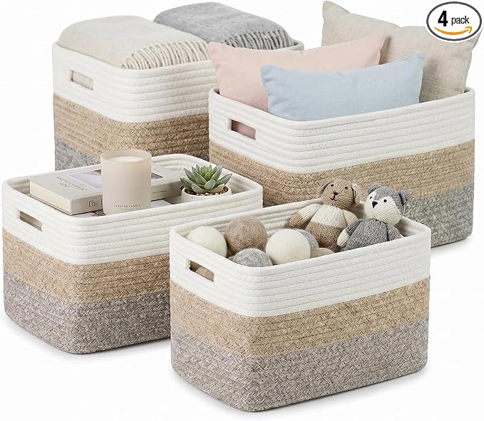 4 sets of hand-woven cotton rope storage boxes, suitable for toys, books, clothes, bathrooms, and car trunks used for organizing and decoration, Two 16x14x7 in and two 14x10x7 in