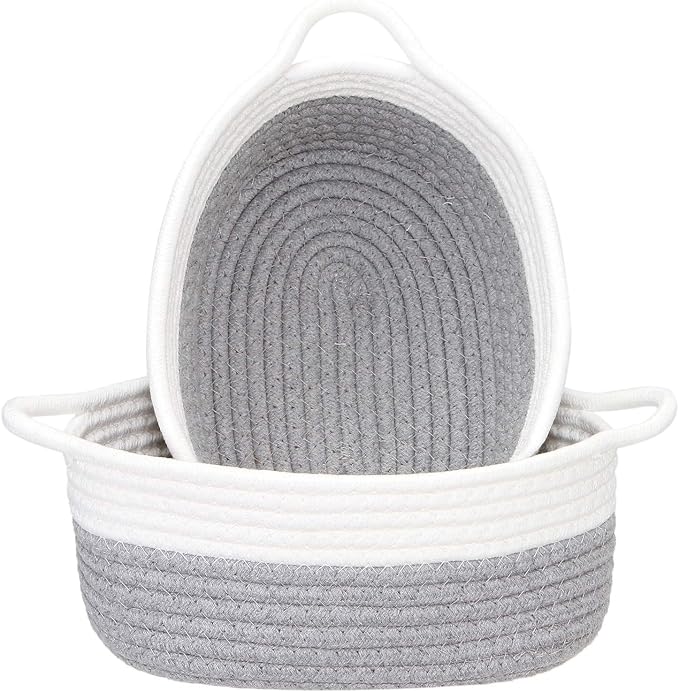 Sea Team 2-Pack Compact Woven Cotton Rope Storage Baskets, Gray | Knitted Decorative Organizer Bins with Handles, Portable Oval Containers for Small Items, Keys, Makeup, Jewelry, Trinkets