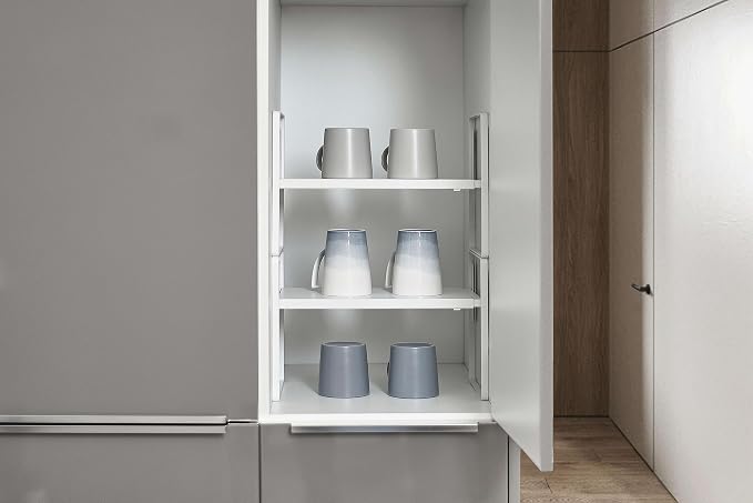 Nxconsu Cabinet Shelf Riser, Adjustable Cabinet Organizer, 10.3" Deep White | Heavy-Duty Metal Expandable Shelf Holds 50 lb with 3 Height Levels for Kitchen Cabinet Cupboard Pantry Dish Mug