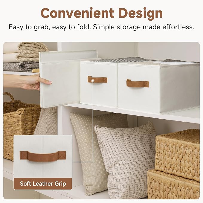 StorageWorks Closet Storage Bins with PU Handles, Ivory White, Large | Closet Organizers and Storage Bins, Foldable Shelf Baskets, Clothes Storage Basket for Organization