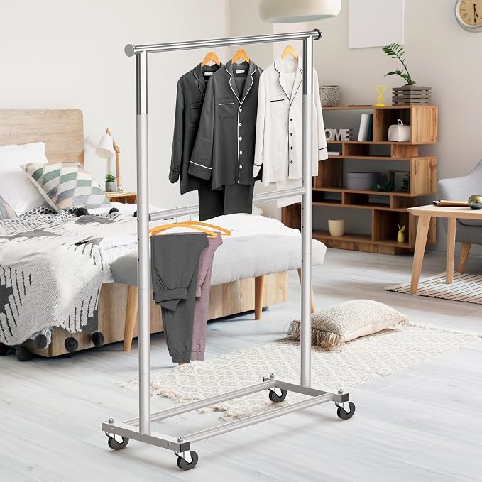 Simple Houseware Double Rod Adjustable Clothing Garment Rack, Grey | Extendable Width from 30 to 48 Inches