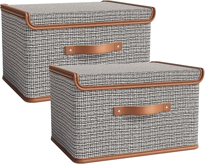 Tuza 2 Pack Storage Bins with Lids, Collapsible Closet Organizer Container, Fabric Organizer Box with Handles, Decorative Storage Boxes with Lids for Organizing Clothes, Sheet, Light Grey, Extra Large