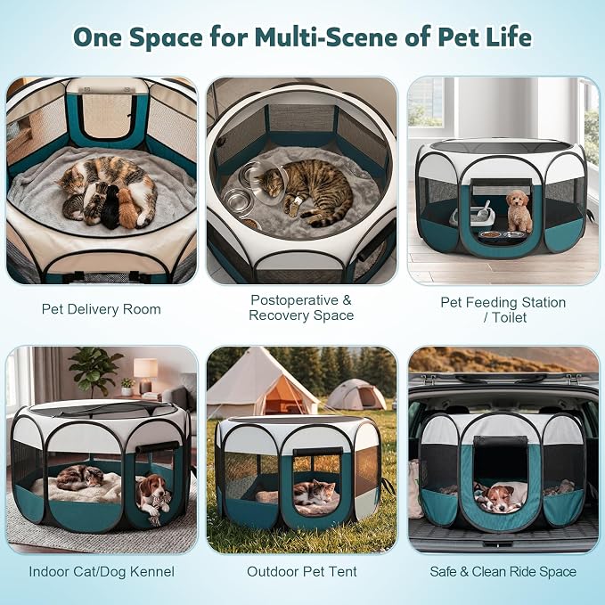 Portable Pet Playpen for Cat Dog: Foldable Cat Playpen Enclosed Up to 40lbs | Large Pop Up Indoor Outdoor Kennel for Puppy Kitten, Carry Case, Removable Zipper Top, 600D Oxford, Waterproof Base, Camping