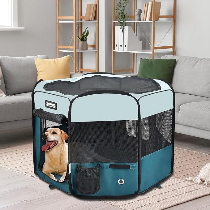 Jespet Soft Dog Playpen, Portable Pet Exercise Pen Kennel with Carry Bag | 2-Door, Easy to Fold, Ground Stakes, Zipper Locks, Large Storage Pocket, Washable Top Mesh Cover & Bottom Cover
