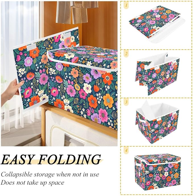 Tropical Flower Storage Bins with Lids Closet Bedroom 40L Fabric Bin | Decorative Storage Boxes, Foldable & Stackable, Dust-Proof Flip Top, Reinforced Handles, For Home & Dorm, Clothes & Toy Box