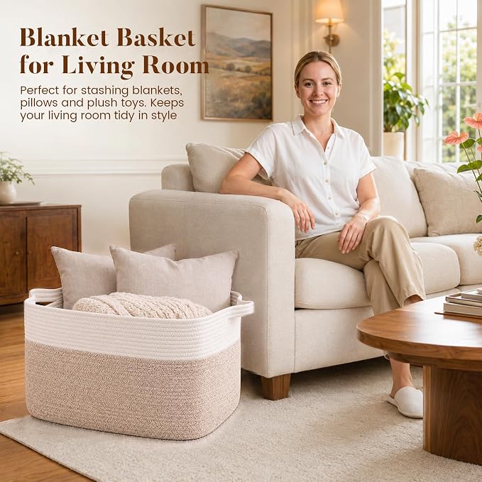 65L Large Woven Blanket Basket for Living Room, 19.7"x15.7"x11.8" | Nursery Laundry Hamper with Handle for Organizing Blankets, Pillows, Toy Storage With Handle, Large Baskets for Organizing