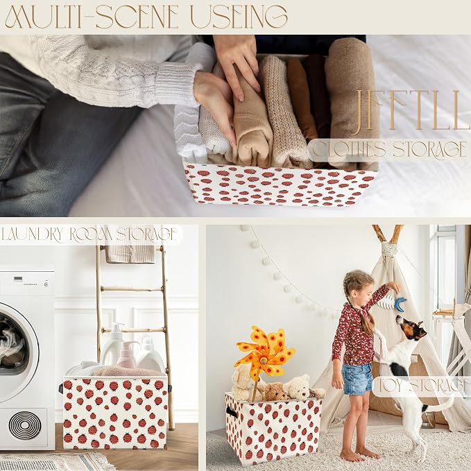 Funny Ladybugs Storage Bins with Handles, Ladybug Decor, Red and White Ladybird Collapsible Laundry Basket Storage Box for Home Bedroom Bathroom Clothes Toys Books