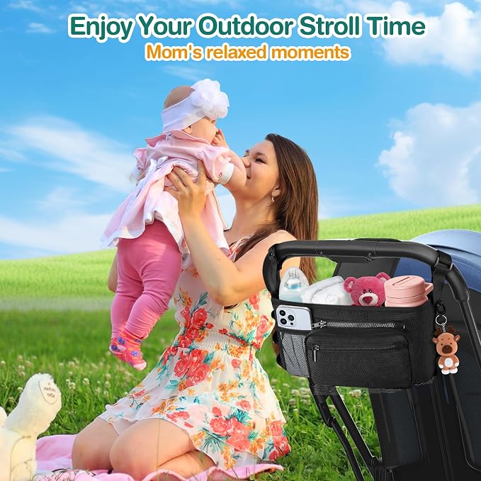 Kinembold Universal Stroller Organizer with Cup Holder Detachable Phone Bag and Shoulder Strap, Stroller Caddy Fits for Stroller Like Uppababy, Baby Jogger, Doona, Nuna, BOB, and Pet Stroller