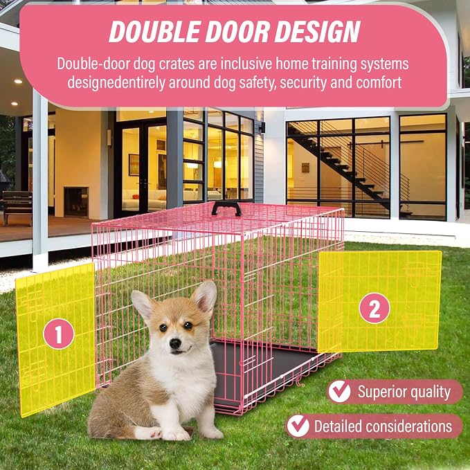 Dog Crate Dog Cage Dog Kennel Outdoor Metal Wire Double-Door Folding Pet Animal Pet Cage for Small Dog 24 inches with Plastic Tray and Handle,Pink