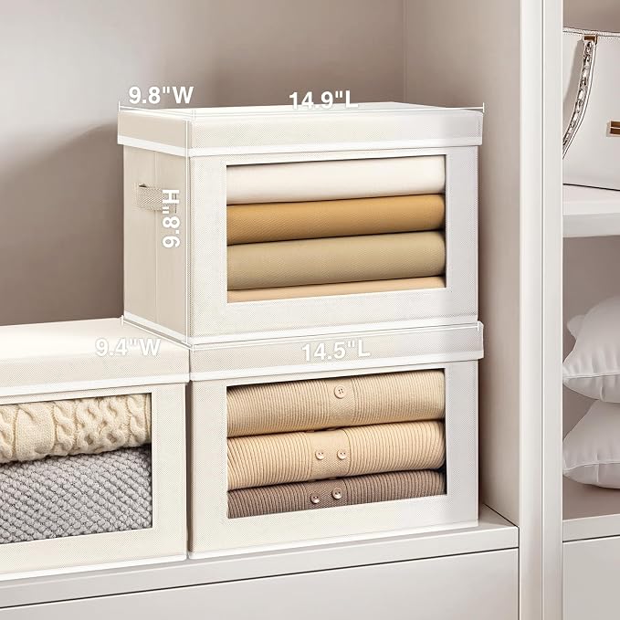 Fabric Storage Bins with Lids, Decorative Storage Boxes, Closet Storage Bins with Window, Storage Baskets for Closet, Closet Organizers for Towel, Clothes, Beige, 4-Pack