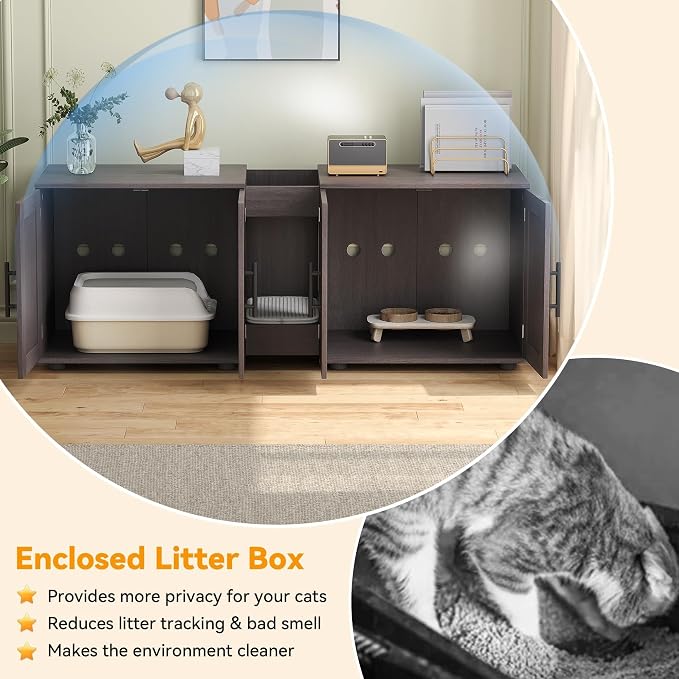 55" Cat Litter Box Enclosure Furniture, Wooden Hidden Litter Box Cabinet with Barn Door & Double Rooms, 3 in 1 Large Cat Litter Cabinet Pet Furniture for Living Room & Bedroom