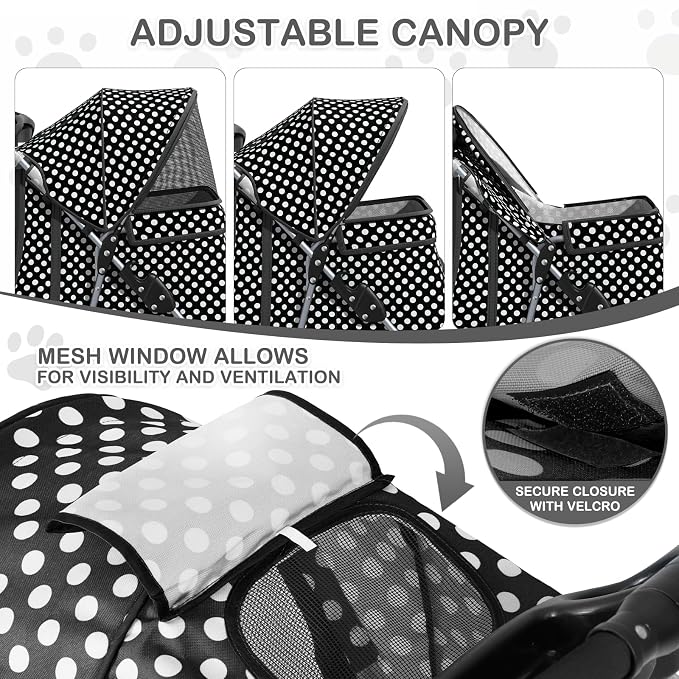 MoNiBloom Pet Stroller for Small/Medium Dogs and Cats, Black Polka Dots | Foldable Dog Stroller 3 Wheels Pet Strolling Cart w/ Storage Basket Cup Holder, Breathable and Visible Mesh for All-Season