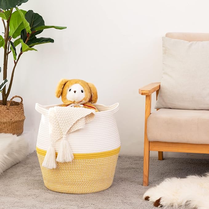 KAKAMAY Woven Baskets for Storage(17"x17"),Large Cotton Rope Woven Baby Laundry Hamper,Collapsible Laundry Basket, Blanket Basket for Organizing Living Room,Nursery,Pillows,Toy Chest(Yellow)