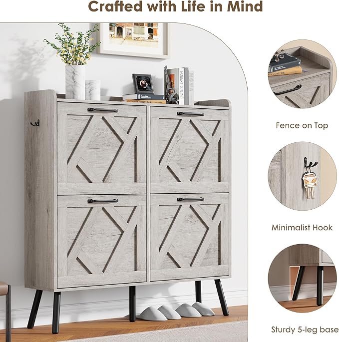 Shoe Cabinet with 4 Flip Drawers, Freestanding Shoe Organizer Cabinet, Farmhouse Narrow Shoe Storage Cabinet for Entryway, Foyer, Hallway