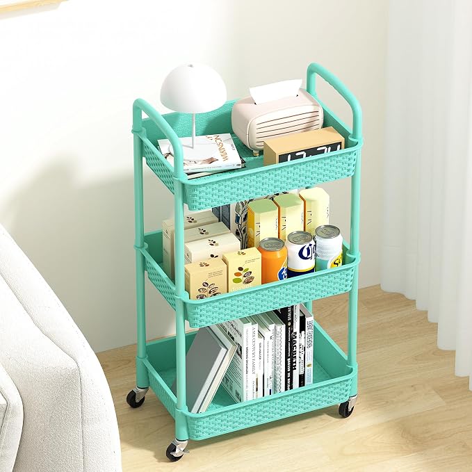 MOYIPIN 3-Tier Plastic Rolling Utility Cart with Handle,Turquoise | Utility Storage Cart for Office, Living Room, Kitchen,Movable Storage Organizer，Easy installation，Rattan-like art design