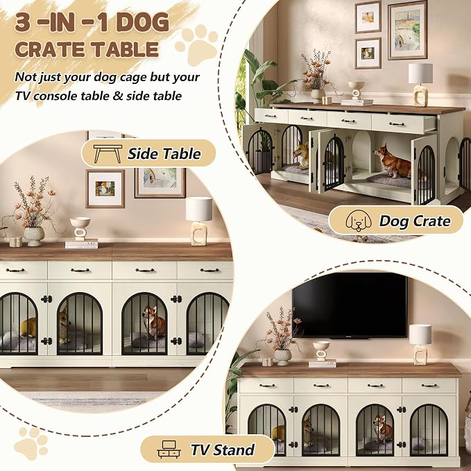 Merax 70.8" Large Dog Crate Furniture & TV Stand for 2 Dogs –Double Kennel with 4 Storage Drawers, Removable Divider & Arched Metal Doors –Wood Indoor Pet House for Medium/Large Breeds, Brown + White