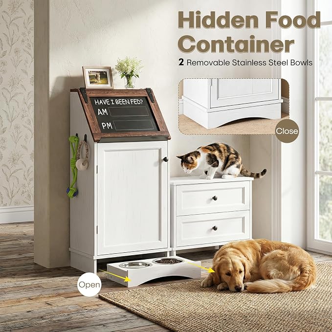Flip-Top Dog Feeding Station, Dog Food Cabinet with Storage, Dog Food Station with Hidden Feeding Fowls, Pet Storage Cabinet, Pet Food Holder, White Oak Grain
