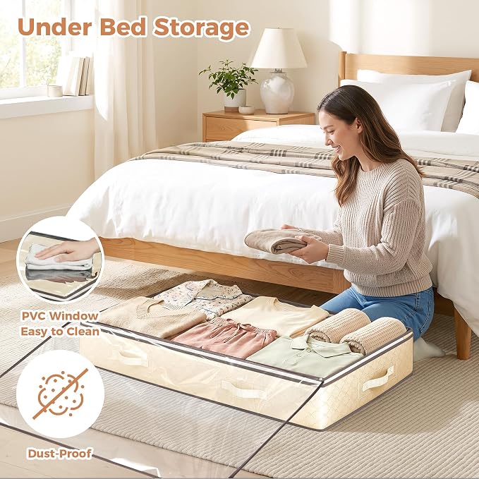 95L Under Bed Storage Containers, 2 Pack Beige | Underbed Storage Bags for Blankets, Towels, Comforter, Sweaters, Linen Sheets, Wrapping Paper