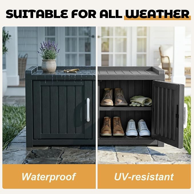 ROJIK Shoe Cabinet Waterproof UV-Resistant,Storage Bench Indoor Outdoor with Adjustable Shelves,for Entryway Bedroom,Hallway,Living Room(Double Door, Deep Black)