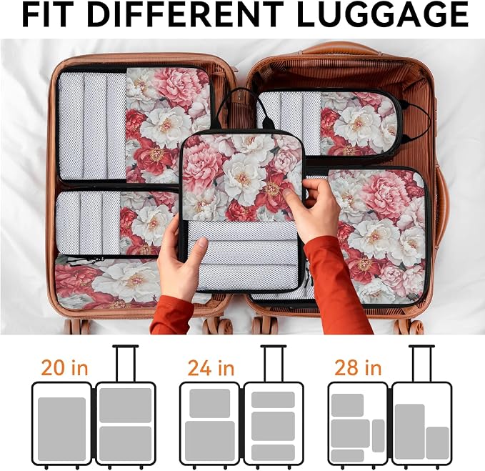 Flower 6 Set Compression Packing Cubes Floral Expandable Packing Organizer for Travel Accessories Luggage Suitcase Bag