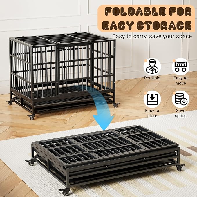 GarveeLife 42inch Heavy Duty Dog Crate, Foldable Indoor Dog Cage with Double Door, 360° Lockable Wheels and Removable Tray, Easy to Clean and Assembly，for Small Medium Dogs