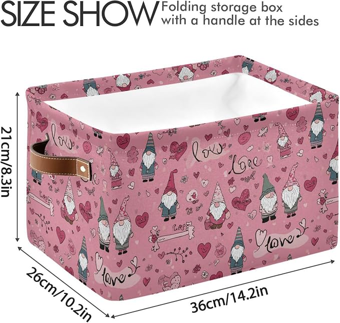 Happy Valentines Day Pink Storage Basket with Waterproof Liner and PU Handles Love Gnome Flowers Gift Storage Bins Boxes 14.2" Collapsible Decorative Organizer Baskets for Bedroom Closet Office 1 Pack