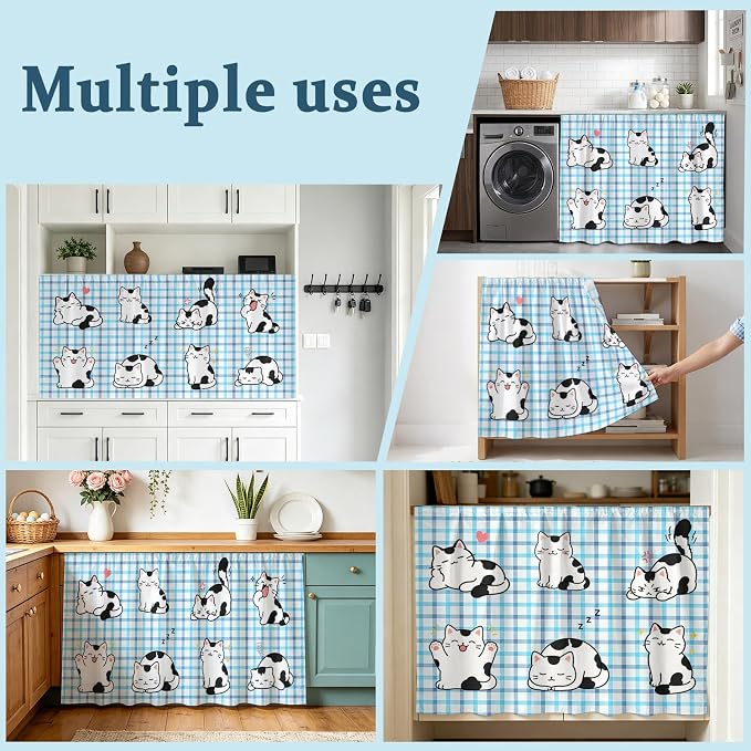 Cute Cat Cabinet Curtains 28"x51" Sink Skirt for Bathroom Kitchen, Modern Playful Pet Cats Blue Purple Plaid Self Stick Adhesive Under Desk Covers Tall Laundry Cabinet Storage Organizer