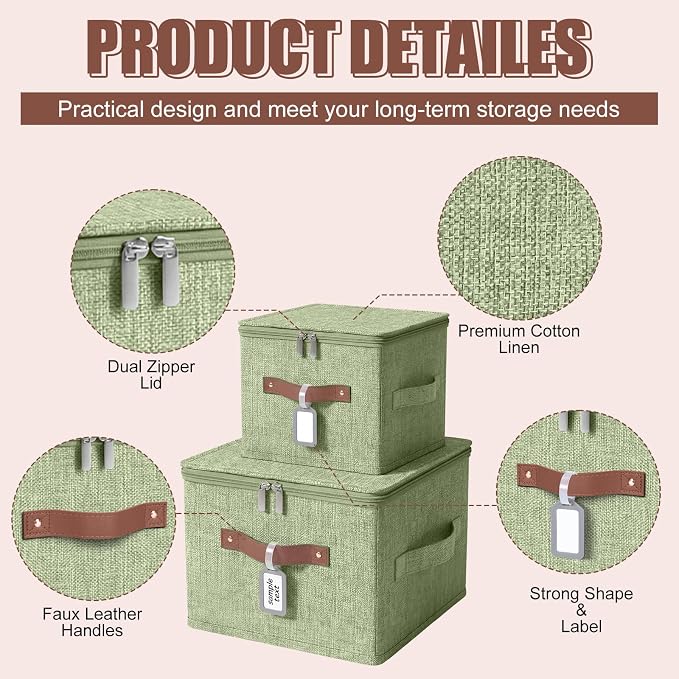 6 Pack Fabric Bins with Lids, 10 x 8 x 7 Inch Fabric Storage Bins with Zipper Lids and Labels, Decorative Foldable Storage Cubes with Handles for Closet Nursery Shelf Organization, Green