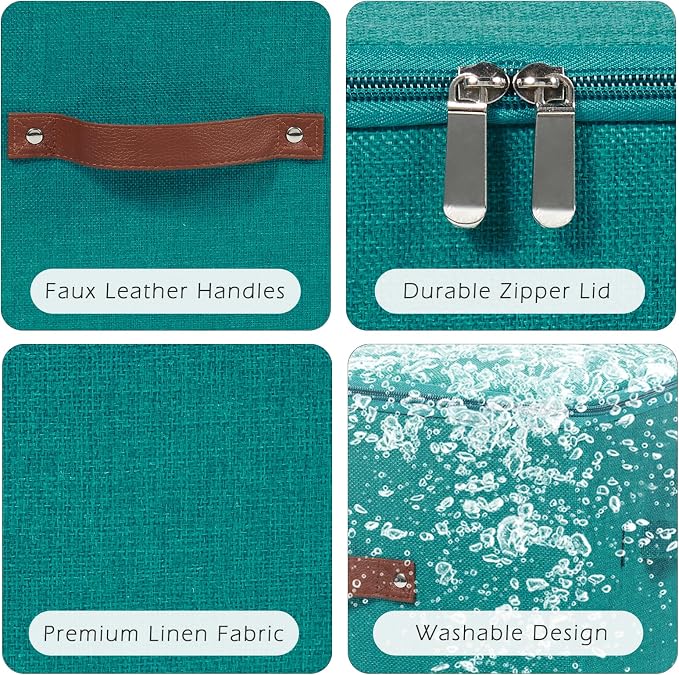 Storage Bins with Zipper Lids Decorative Lidded Baskets Boxes | Clothes Container, Closet Shelf Organizer, Foldable Washable, Cotton Linen Fabric, w/ PU Leather Handles, Teal Blue, Large